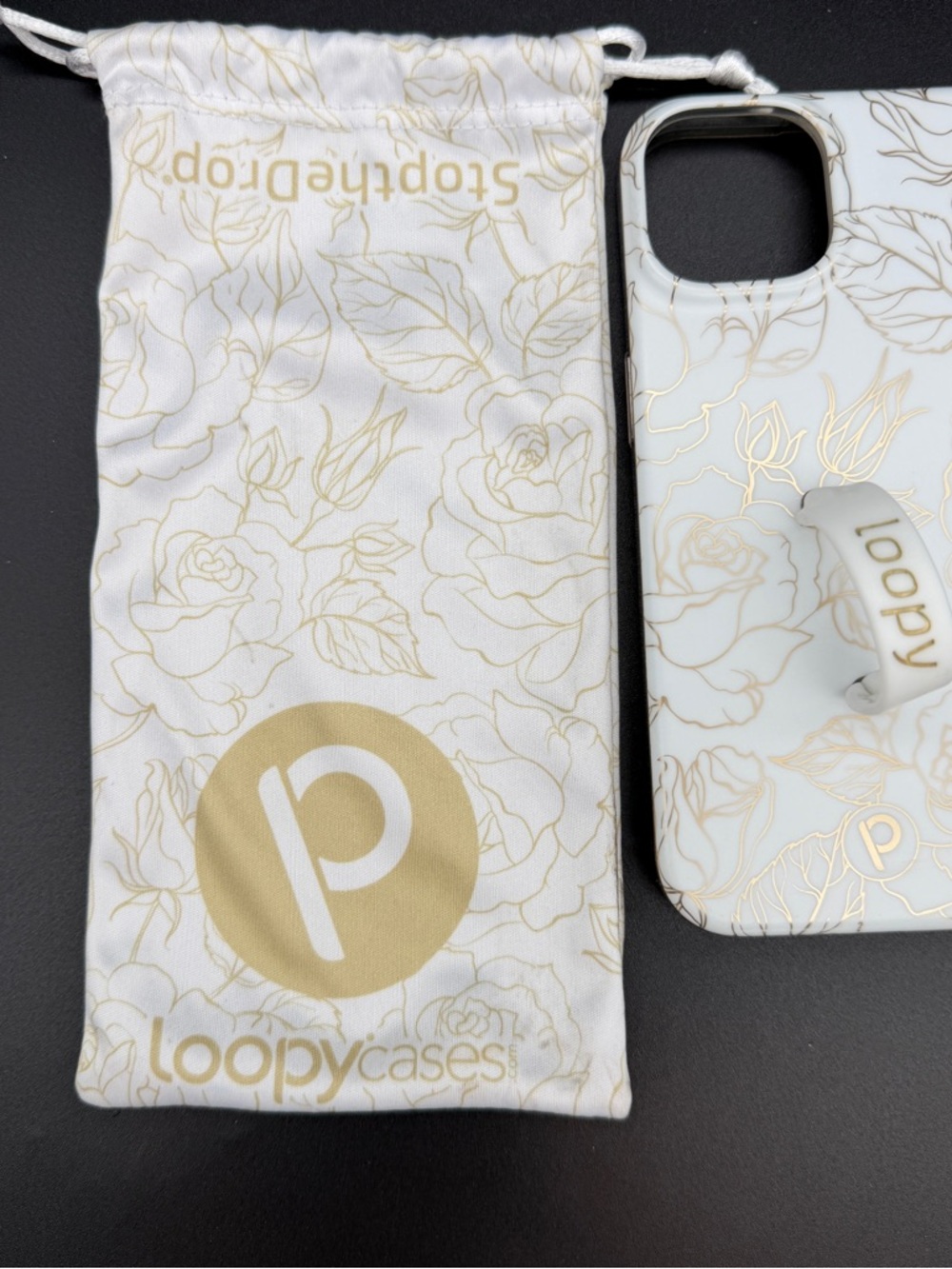 Loopy Case Enchanted Rose IPhone 13/ 14 w/ Drawstring Pouch White & Gold Floral